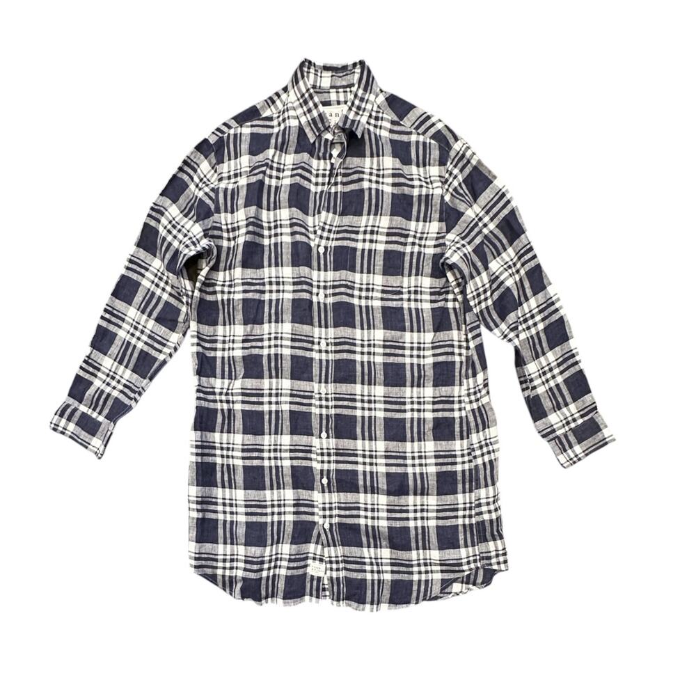Frank & Eileen Mary Plaid Linen Shirt Dress Navy White Long Sleeve Small NWOT - Picture 4 of 7